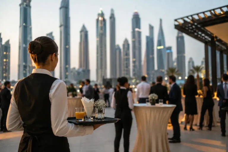 Professional event staff serving guests at a luxury corporate event in Dubai with a modern city skyline backdrop.