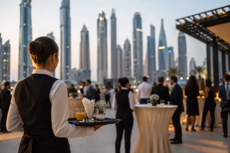 Professional event staff serving guests at a luxury corporate event in Dubai with a modern city skyline backdrop.