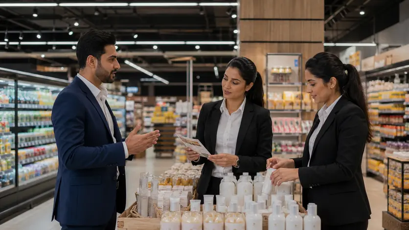 Inside a modern supermarket before opening hours, a retail manager is briefing two professionally dressed FMCG sales promoters beside a promotional display. One promoter is reviewing product information while the other prepares promotional materials. The atmosphere should reflect professionalism, preparation, and teamwork before a successful retail campaign.