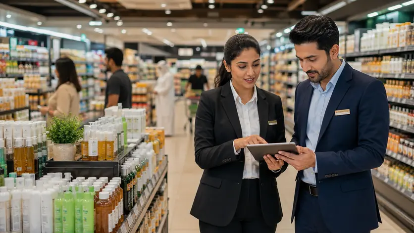 A campaign supervisor and an FMCG sales promoter are reviewing campaign performance on a digital tablet inside a modern UAE supermarket. Promotional displays are visible nearby while customers shop naturally in the background. The image should communicate reporting, performance tracking, and successful campaign management.
