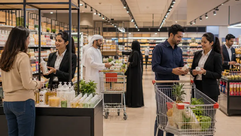 Multiple trained FMCG sales promoters are interacting with customers at different promotional stations throughout a modern hypermarket. Customers are smiling, asking questions, and placing products into their shopping carts. Shelves are fully stocked, and the atmosphere feels energetic, organized and professional without looking crowded.