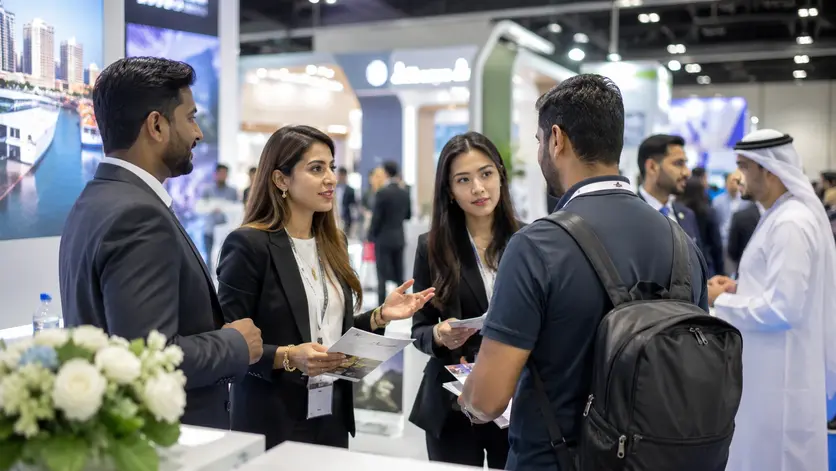 Professional multilingual promoters assisting international visitors at a UAE trade show