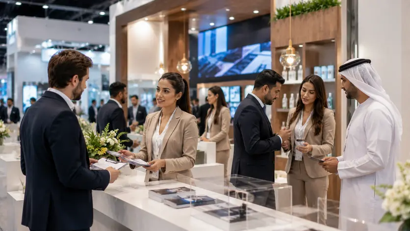 Professional event staff supporting exhibitors at Gulfood Dubai