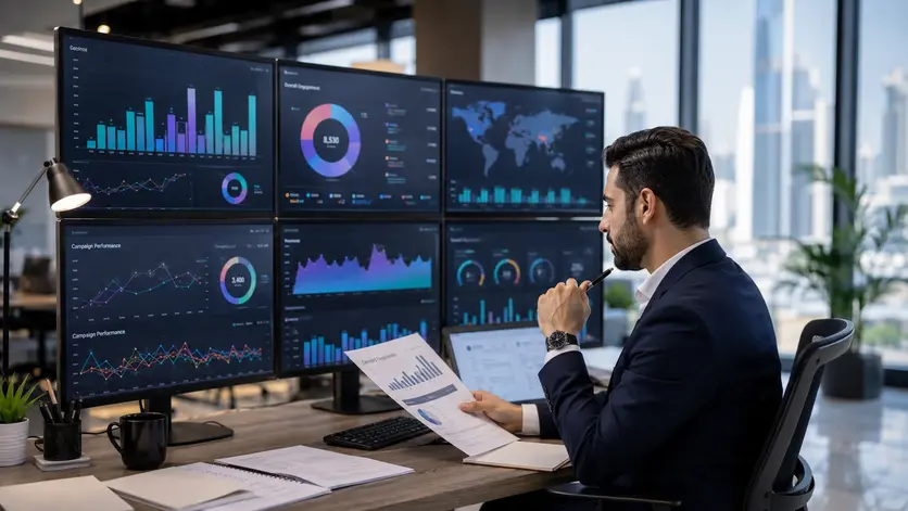 Marketing manager analysing brand activation campaign ROI and performance metrics