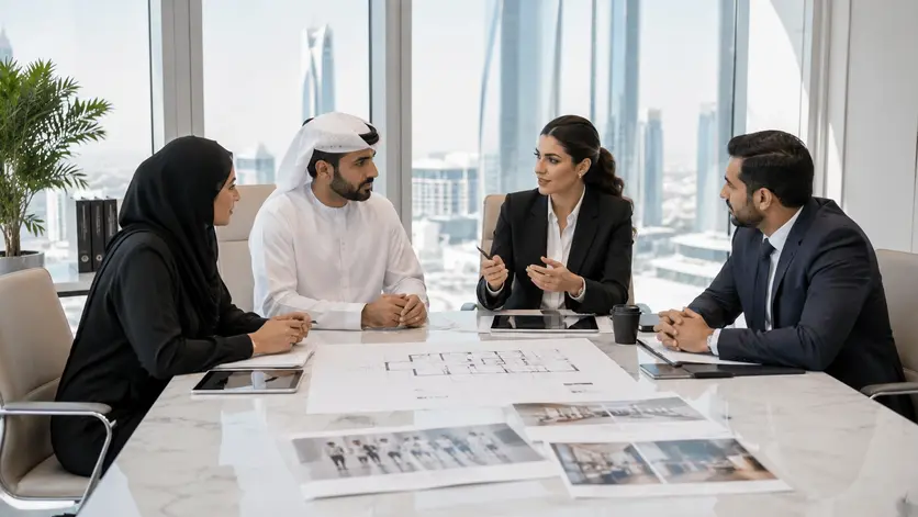 Business team meeting with an event staffing agency before an exhibition