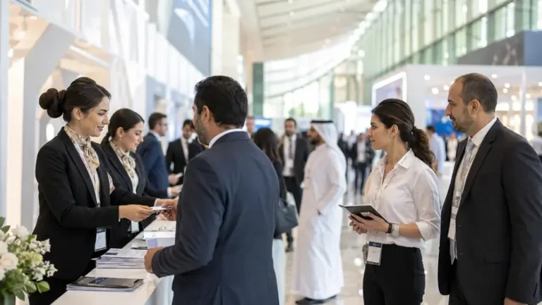 Professional event staffing agency in Abu Dhabi providing exhibition staff at a business exhibition