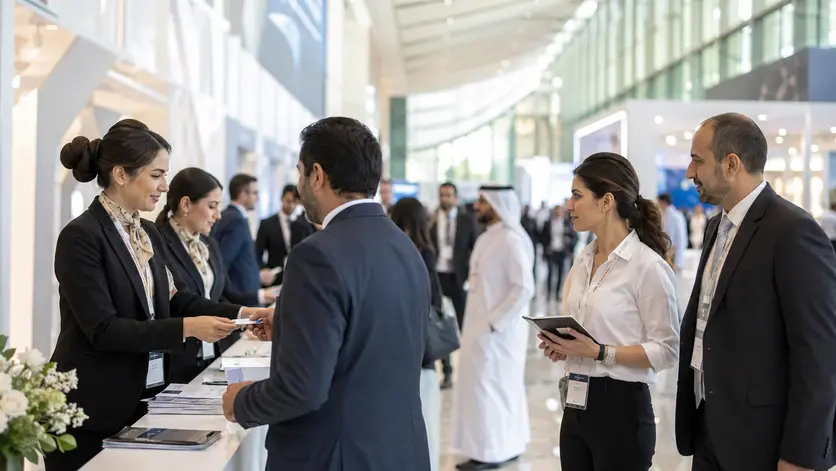 Professional event staffing agency in Abu Dhabi providing exhibition staff at a business exhibition
