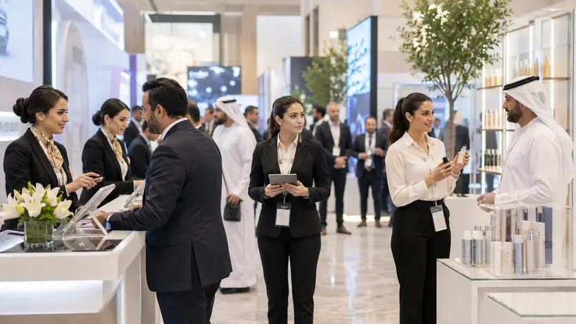 Registration staff, exhibition hostesses and brand ambassadors working together at an exhibition