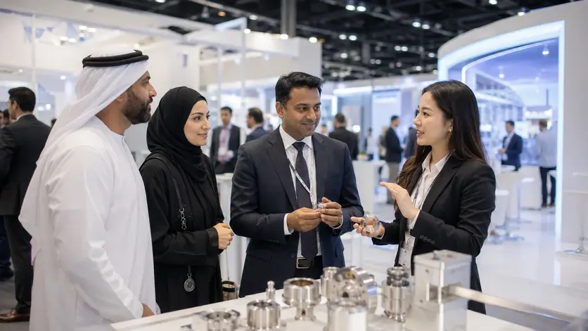Professional multilingual promoters engaging international buyers in a business networking lounge