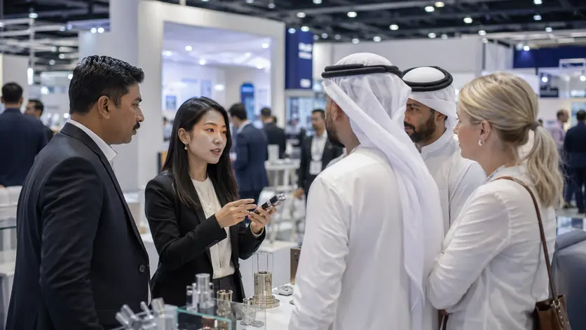 Multilingual promoters communicating with international exhibition visitors in Dubai