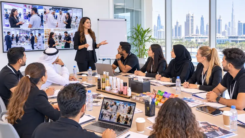 Professional multilingual promoters attending a trade show training session in Dubai before an exhibition