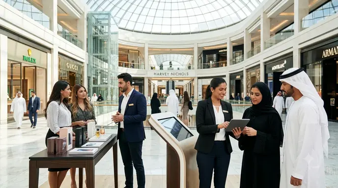 Professional part-time promoters assisting shoppers during a retail activation in Dubai