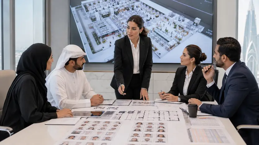 Professional exhibition planning meeting before an event in Abu Dhabi