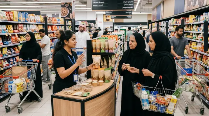 Product demonstrator explaining an FMCG product to shoppers in Dubai