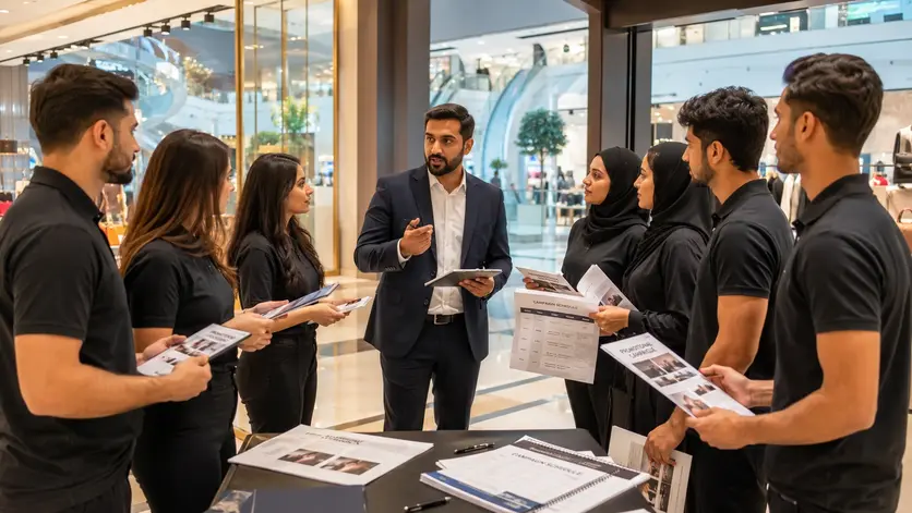Retail manager briefing part-time promoters before a promotional campaign in Dubai