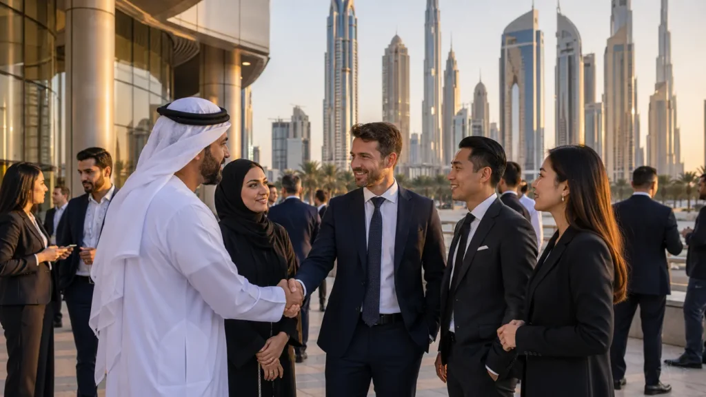 Successful business networking at a Dubai trade show with multilingual promoters connecting international buyers and exhibitors