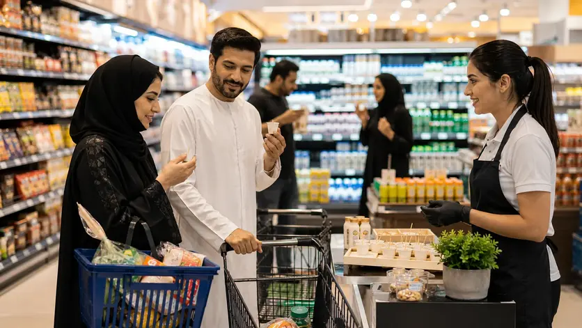 Customers trying product samples during a supermarket promotion in Dubai