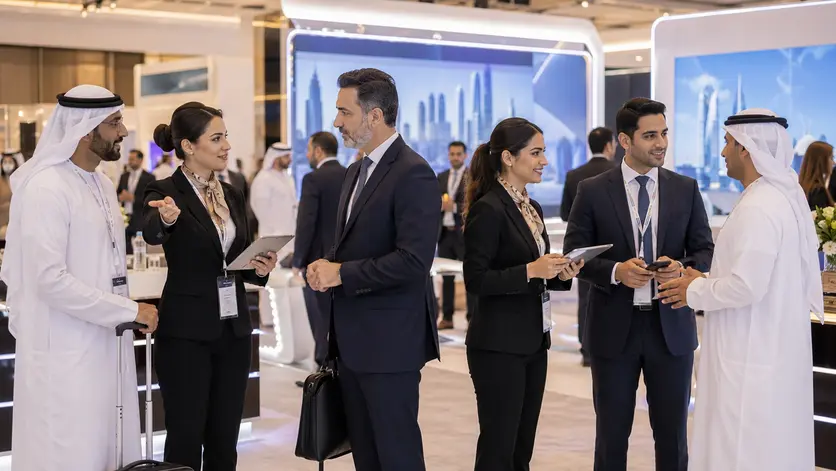 Professional exhibition staff supporting visitors at a corporate event in Abu Dhabi