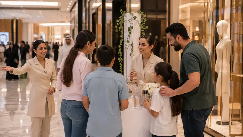 Professional Dubai Mall event staff engaging customers during a retail activation