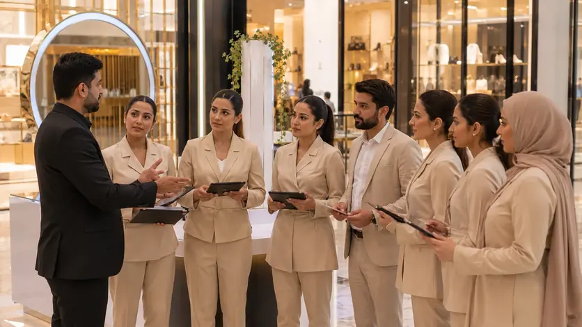 Event supervisor briefing promotional staff before a Dubai Mall activation