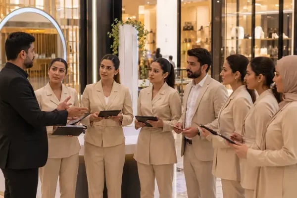 Event supervisor briefing promotional staff before a Dubai Mall activation