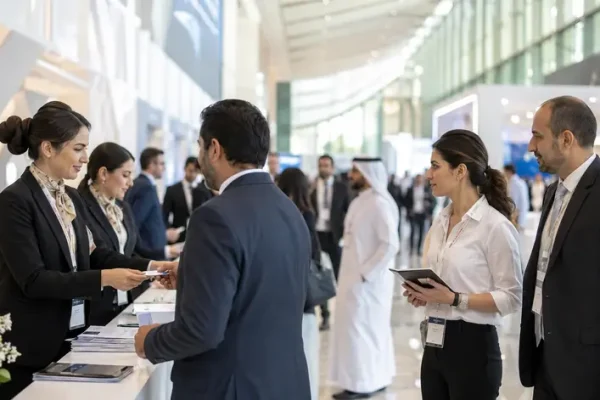Professional event staffing agency in Abu Dhabi providing exhibition staff at a business exhibition
