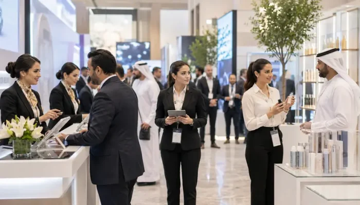 Registration staff, exhibition hostesses and brand ambassadors working together at an exhibition