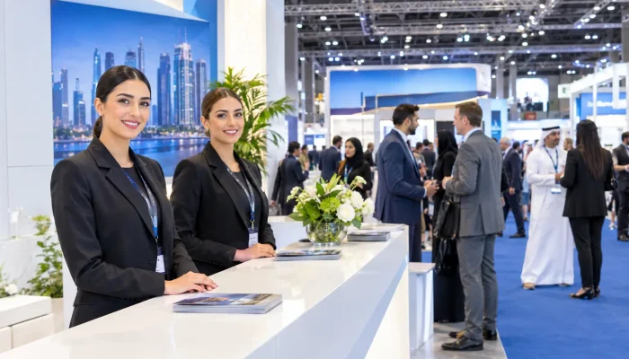 Multilingual event staff welcoming guests in multiple languages at a Dubai event