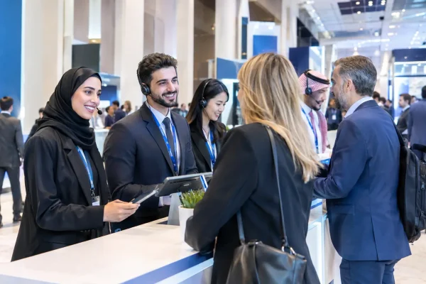 Multilingual event staff welcoming guests in multiple languages at a Dubai event