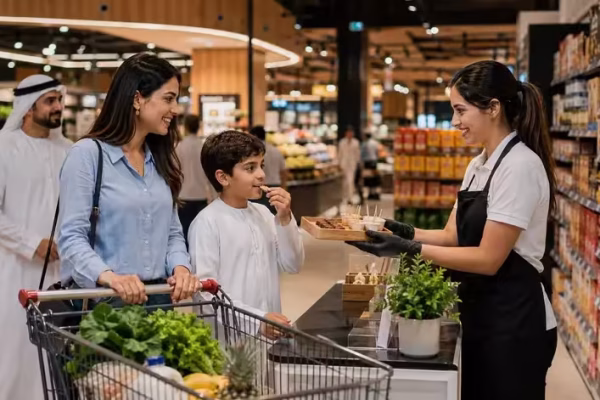 Professional product sampling staff engaging shoppers inside a Dubai supermarket