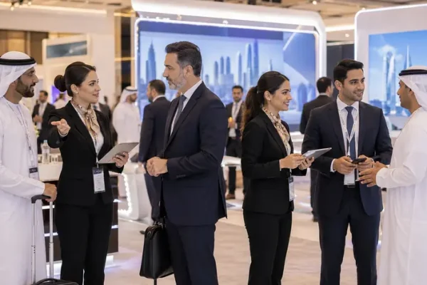 Professional exhibition staff supporting visitors at a corporate event in Abu Dhabi